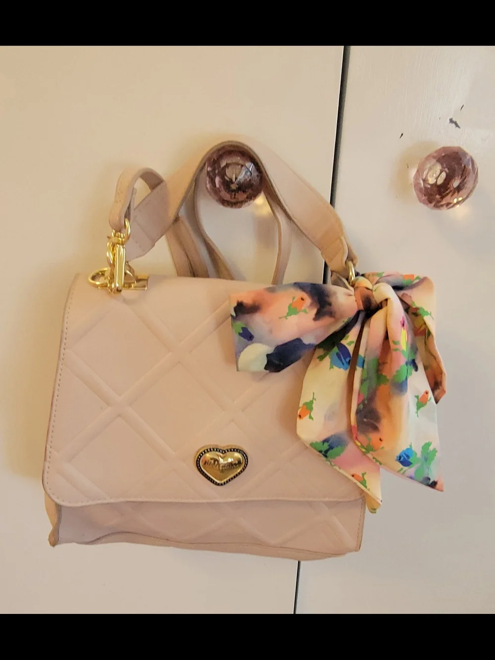 Betsey Johnson Blush Quilted Top-Handle Satchel with Floral Scarf